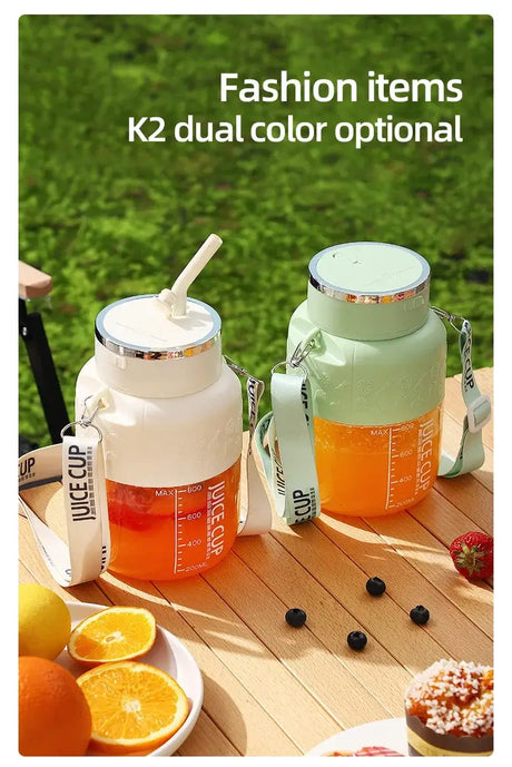 Wireless portable juicing buckets in dual color options on a table, featuring stylish design and fruit ingredients.