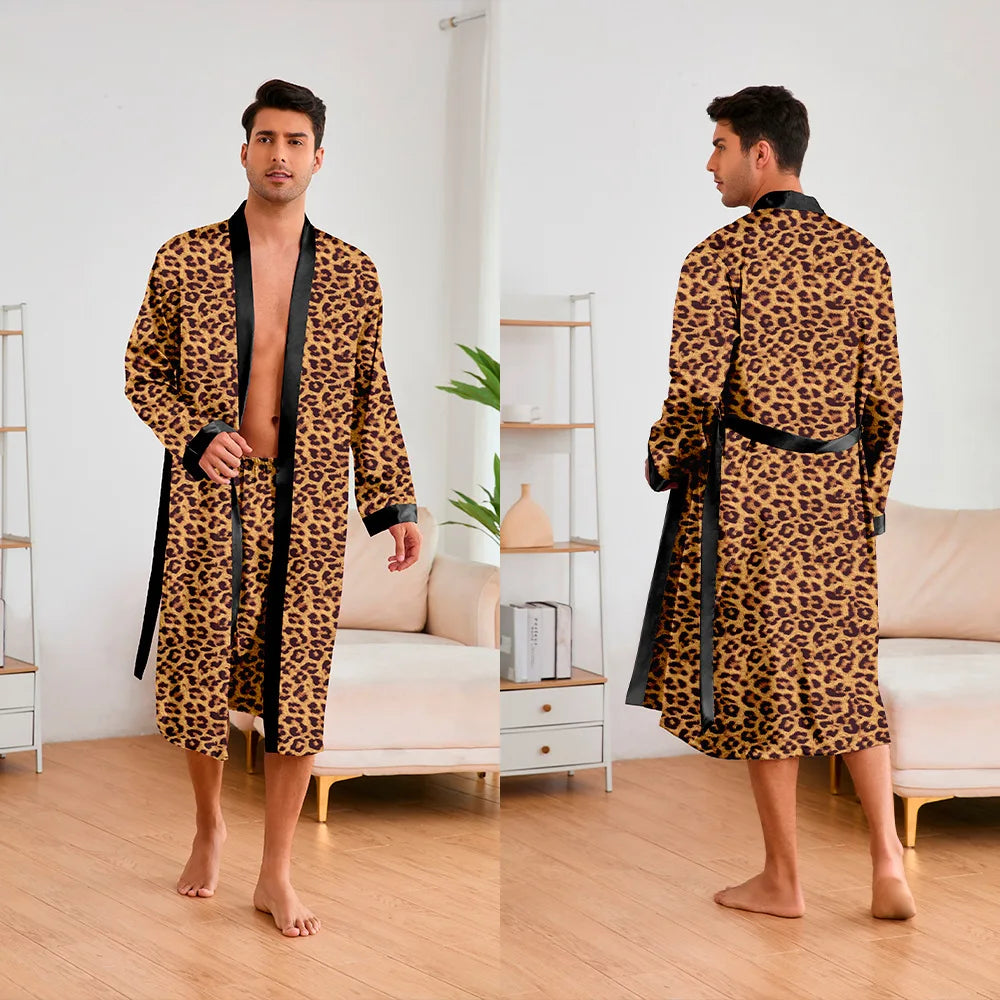 Men’s Leopard Satin Bathrobe Set