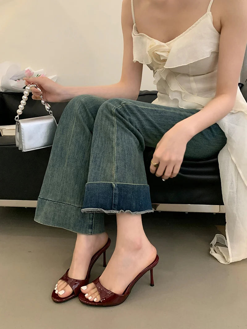 Women’s Wine Red Patent Leather High Heel Mules