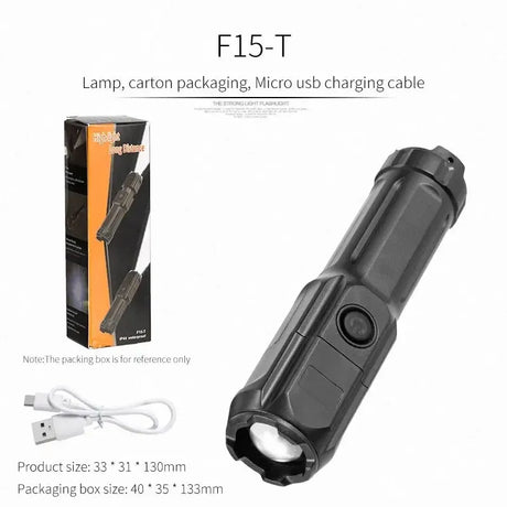 Rechargeable F15-T LED tactical flashlight with packaging and charging cable, featuring adjustable focus and multiple modes.