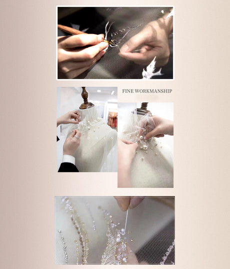 Artisans showcasing fine craftsmanship in wedding dress design with intricate beading and embroidery work.