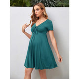 Pure Color V-Neck Maternity Dress in teal, knee-length, perfect for summer, designed for plus size women.