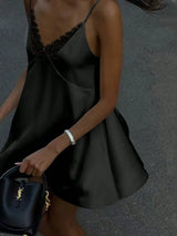 Black Satin Lace Backless Dress
