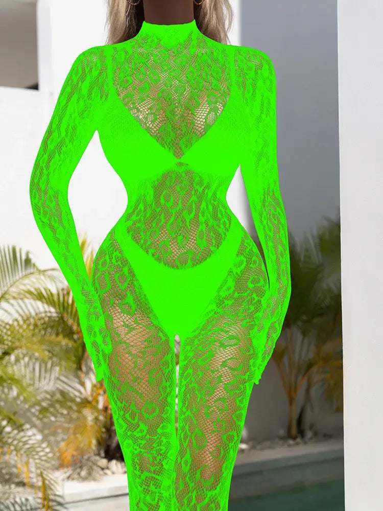 Women Lace Fishnet Long Sleeve Jumpsuit