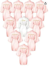Plus size satin bride and bridal party robes in rose gold, displaying elegant script designs for special occasions.