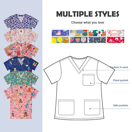 Colorful pediatric nursing scrub tops featuring V-neck and pockets, showcasing multiple styles to choose from.