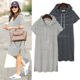 Striped pleated maternity dress in baby shower pink, featuring hood and pockets, perfect for summer wear.