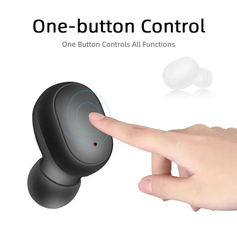 Close-up of TWS A6S wireless headset showcasing one-button control feature for easy functionality.