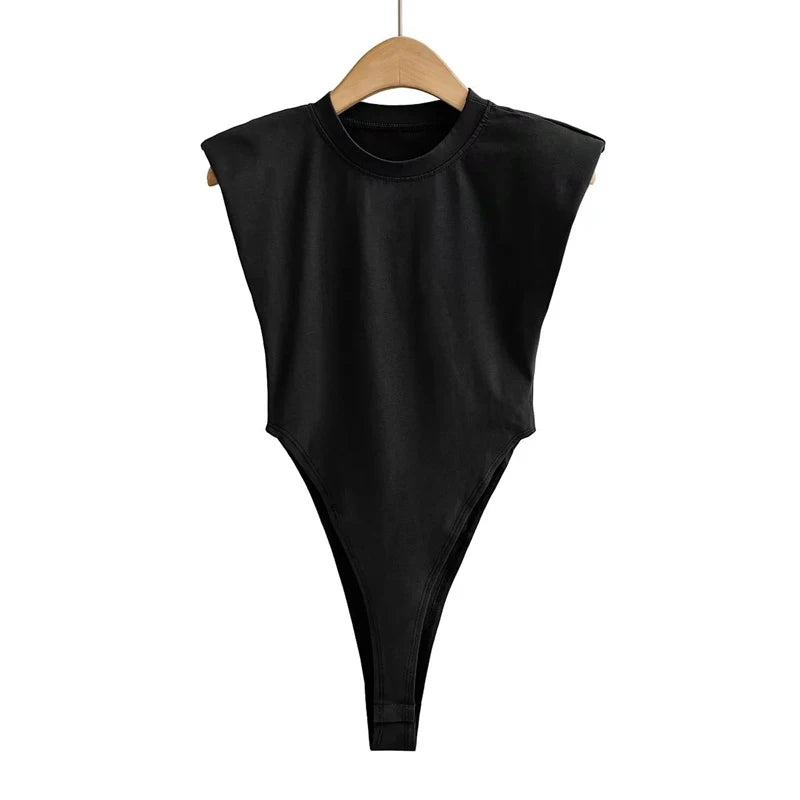 Women's Sleeveless Padded Shoulder Bodysuit – Summer Bodycon One-Piece