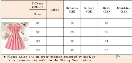 Size chart for girls casual dresses, detailing measurements for sizes 8T to 11T in cm.
