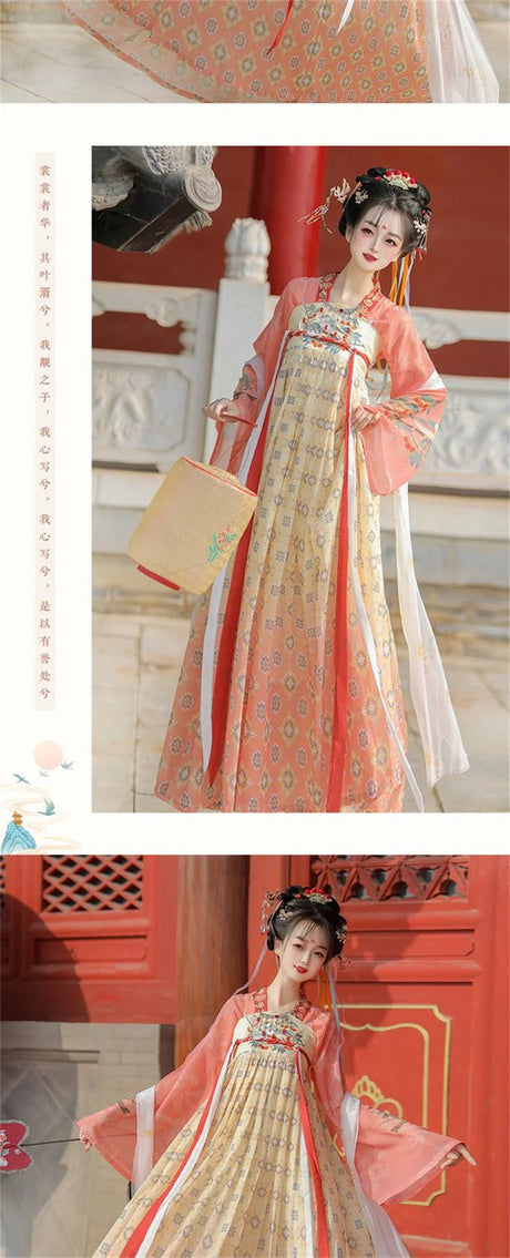 Tang Suits Hanfu for Halloween cosplay featuring a woman in an elegant floral design dress with traditional elements.