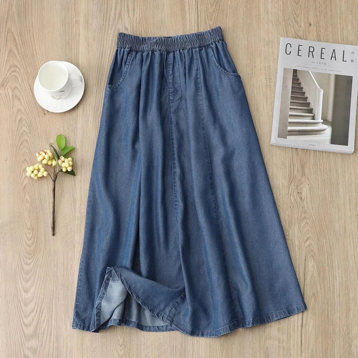 BreezeFit™ – Lightweight Loose Denim Skirt (Elastic Waist, A-Line)