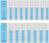 Size chart for bridal gowns, detailing US, Europe, and UK sizes with bust, waist, and hip measurements in inches and cm.