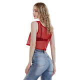 Woman wearing a red mesh crop top, showcasing a hollow-out design suitable for summer casual wear.