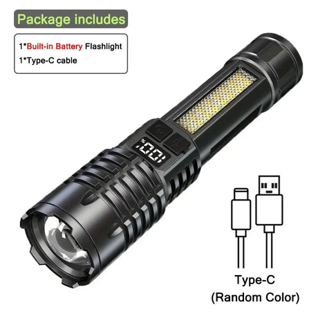 Heinast rechargeable COB flashlight with built-in battery and Type-C cable, highlighted features and specifications.