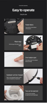 Instructions for using the Smart 3-in-1 Sweeping Robot, including features like Velcro, charging, and one-button operation.