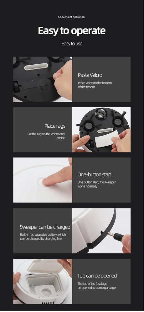Instructions for using the Smart 3-in-1 Sweeping Robot, including features like Velcro, charging, and one-button operation.