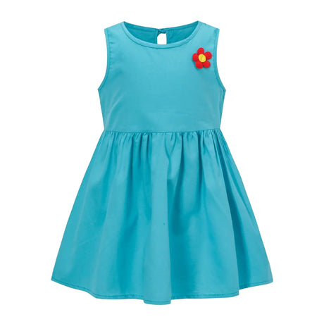 Turquoise sleeveless vest dress for girls with a flower decoration, perfect for spring and summer.