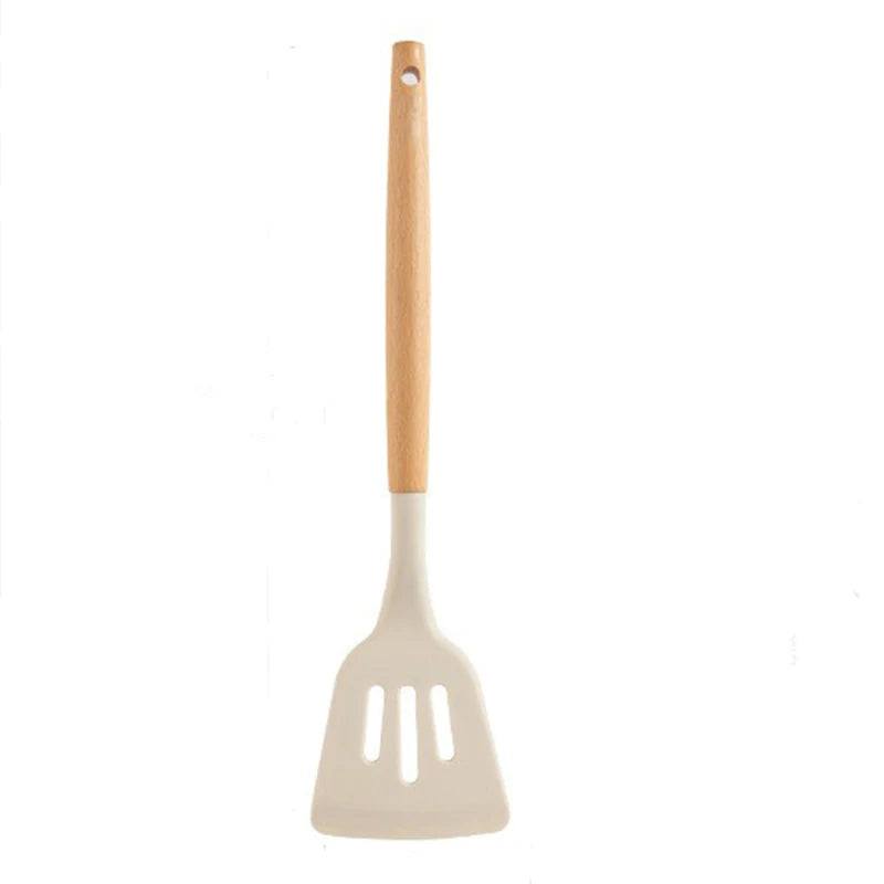 Silicone Cooking Utensil Set with Wooden Handle