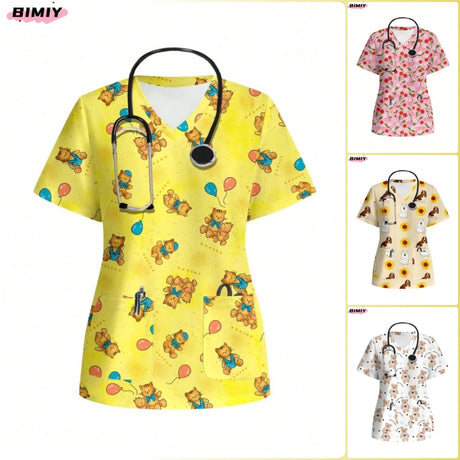 Colorful women's nursing scrub tops with playful bear designs and a pocket, featuring a stethoscope for medical professionals.