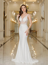 Elegant MisShow white mermaid wedding dress featuring lace, pearls, and a backless design, perfect for modern brides.