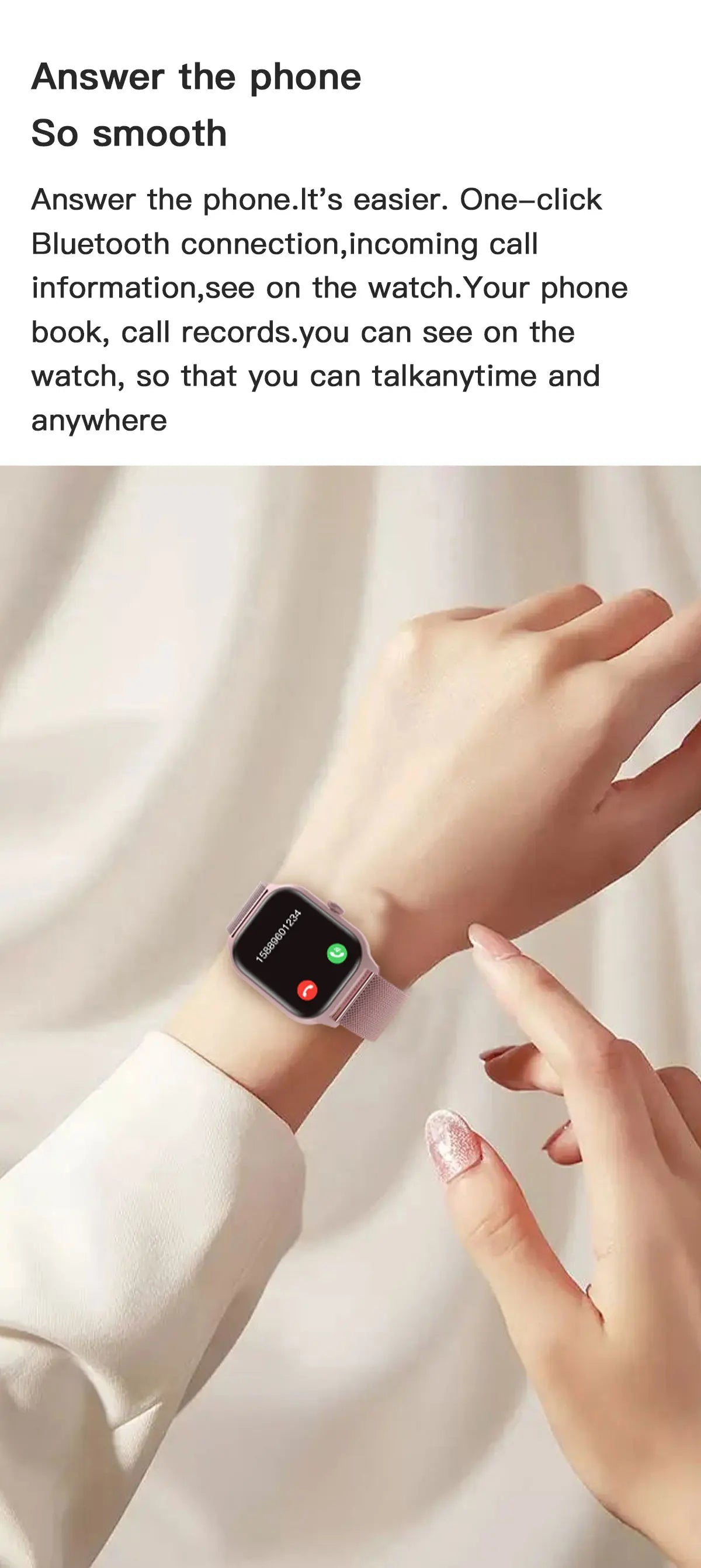 Person using LEMFO LT10 Smart Watch to answer phone calls with Bluetooth connection and call information displayed.