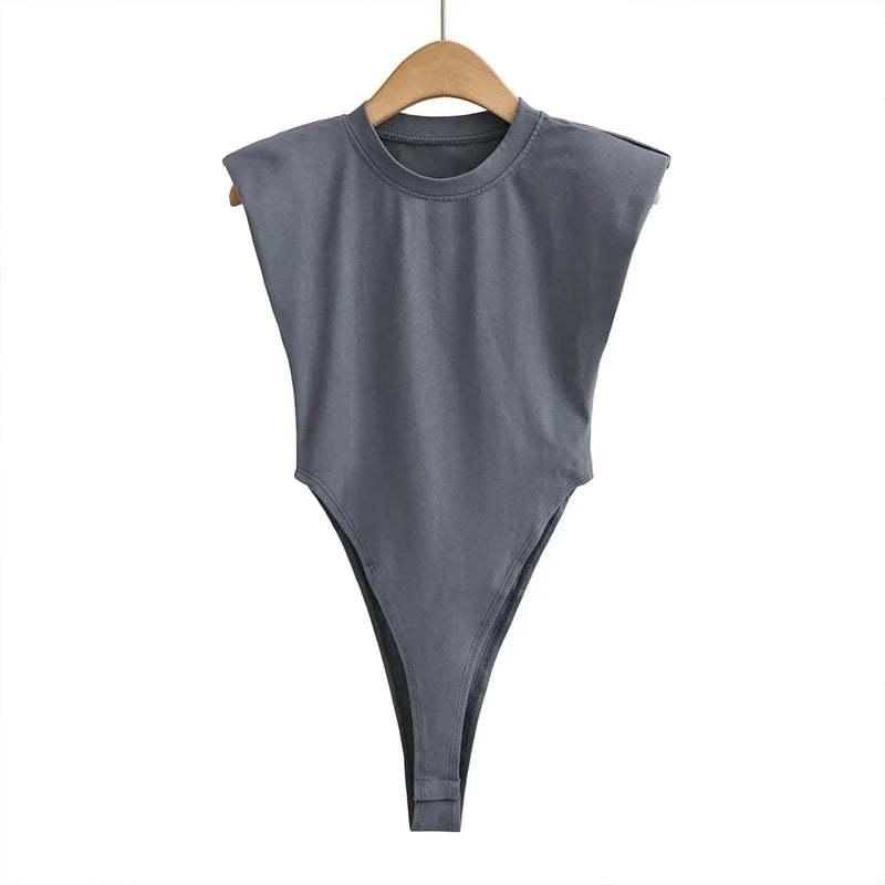Women's Sleeveless Padded Shoulder Bodysuit – Summer Bodycon One-Piece
