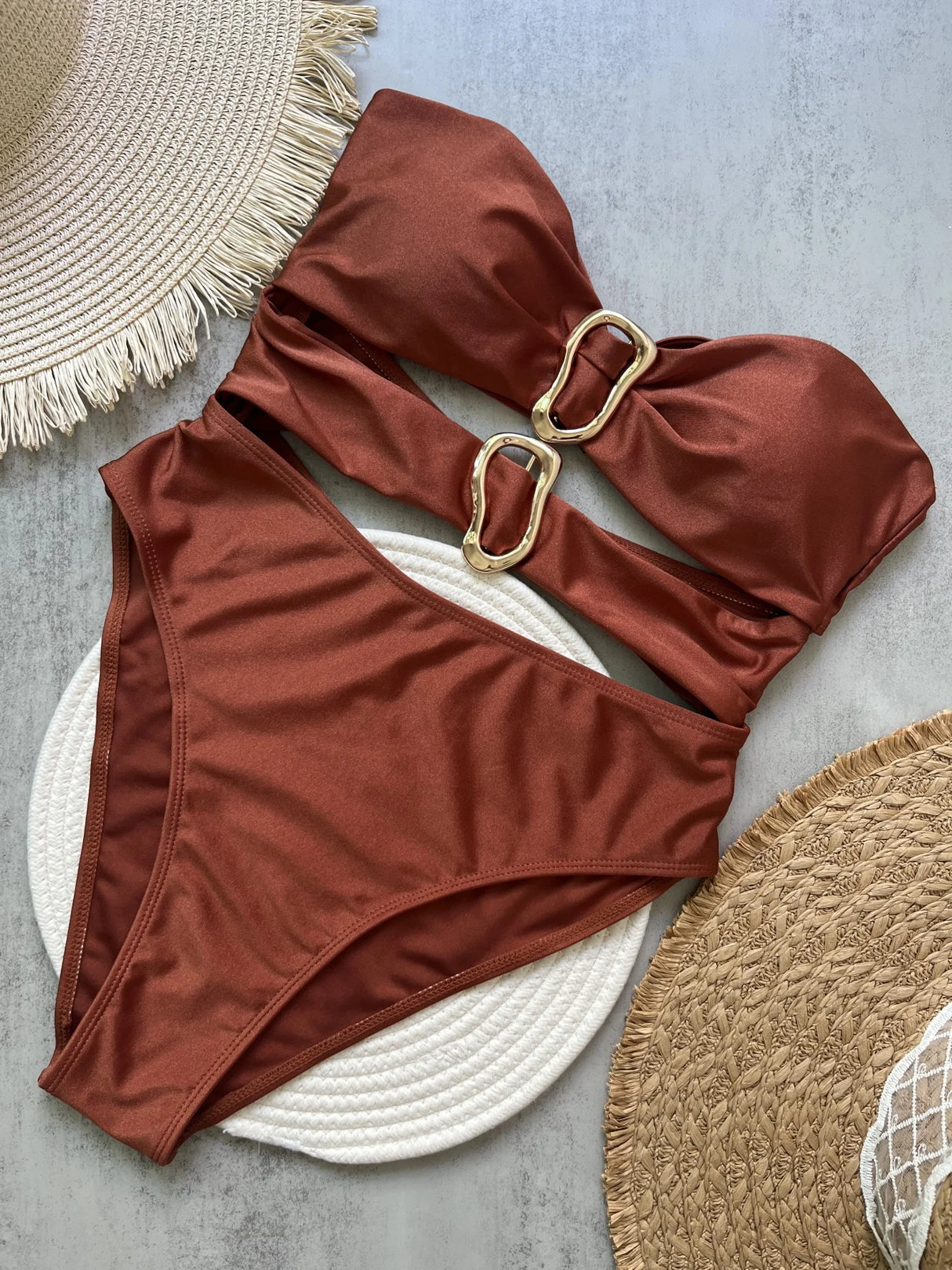 Women Metal Ring Bandeau Swimsuit