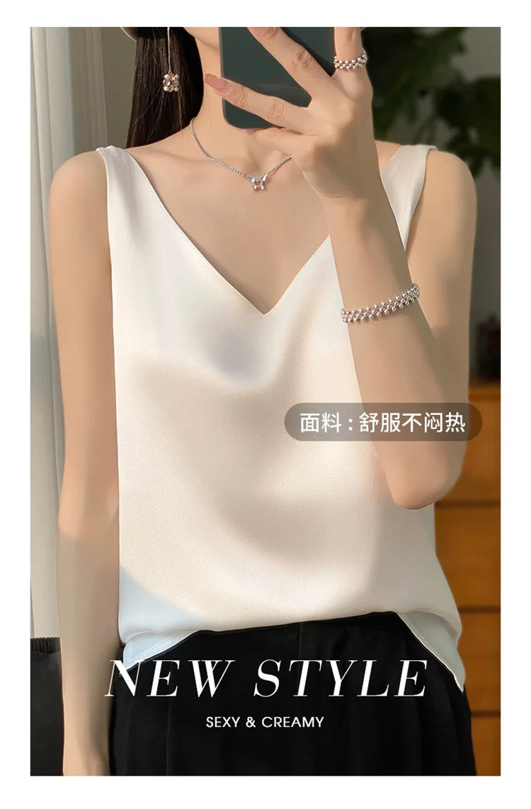 Ice Silk Satin V‑Neck Camisole Crop Top