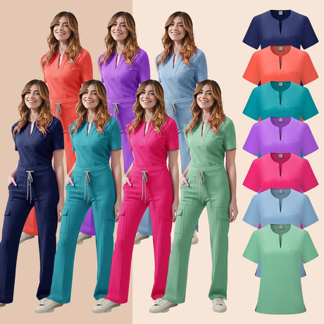 Women’s medical scrub set in various colors featuring a pocket top and pants, perfect for nursing uniforms.