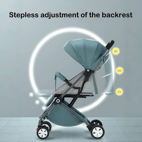 Lightweight baby stroller with stepless backrest adjustment, ideal for ages 1-2, easy to fold, and made from safe materials.