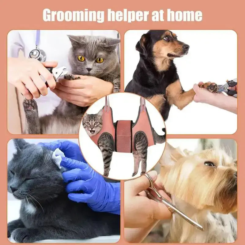 Collage of pets being groomed at home using various tools, showcasing the TONG Pet Cat Grooming Hammock for claw care.