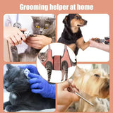 Collage of pets being groomed at home using various tools, showcasing the TONG Pet Cat Grooming Hammock for claw care.