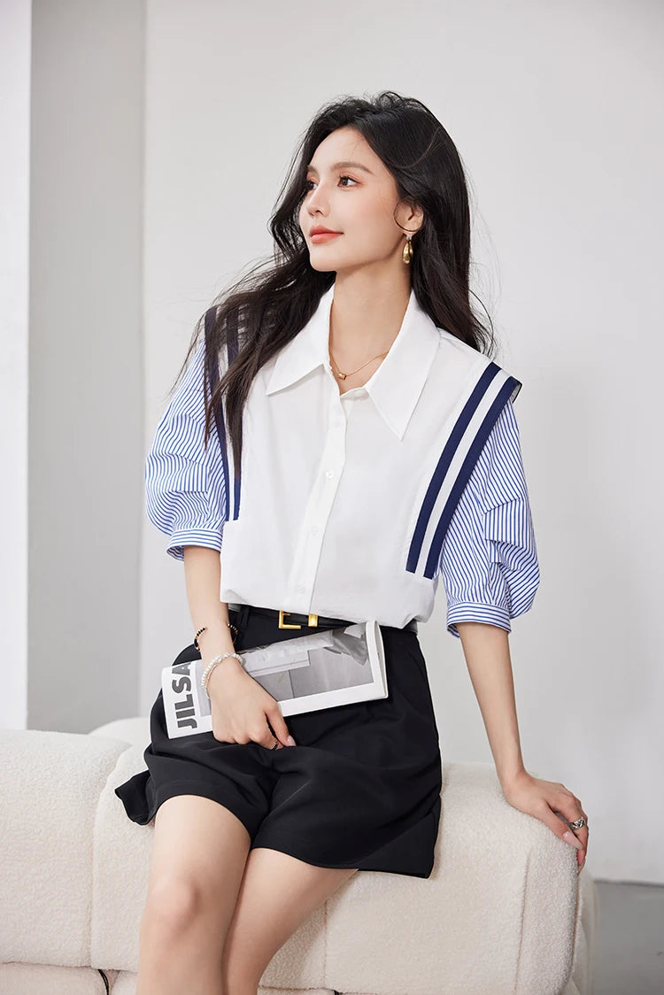Model showcasing a stylish colorblock chiffon shirt paired with shorts, ideal for office casual looks.