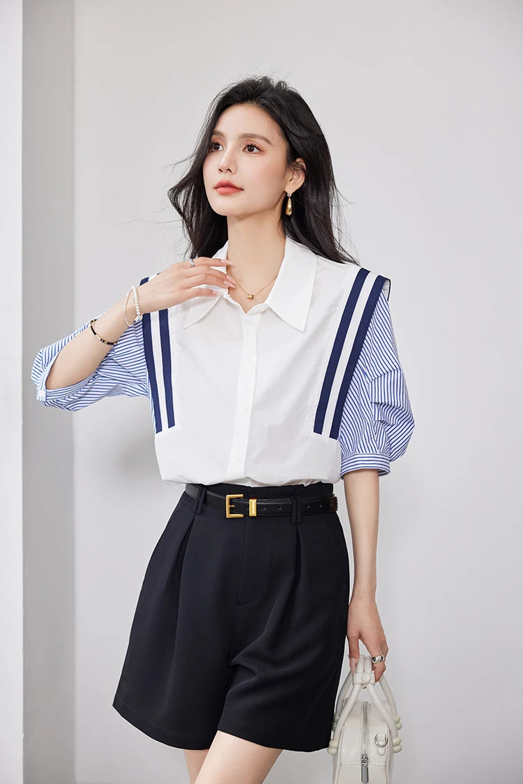 StripeMuse™ Colorblock Chiffon Shirt for women, featuring a turn-down collar and loose fit, ideal for casual office wear.