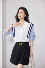StripeMuse™ Colorblock Chiffon Shirt for women, featuring a turn-down collar and loose fit, ideal for casual office wear.