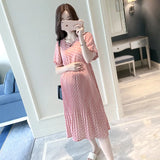 Chiffon polka dot maternity dress in pink, featuring short sleeves and a casual boat neck, perfect for summer wear.