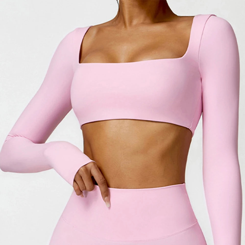 Women's Seamless Long Sleeve Yoga Crop Top – Quick-Dry Square Neck Gym Shirt