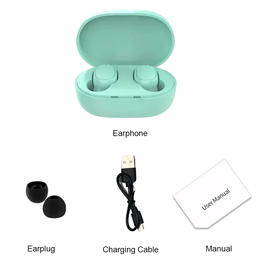 TWS A6S Wireless Bluetooth Headset with charging case, earplugs, charging cable, and user manual.