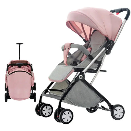 Lightweight pink baby stroller, foldable design, suitable for 1-2 year olds, ideal for travel and easy handling.
