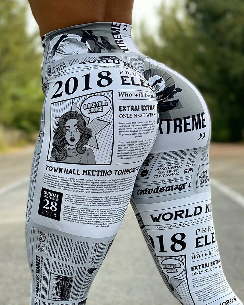 Women Newspaper Print Lifting Pants