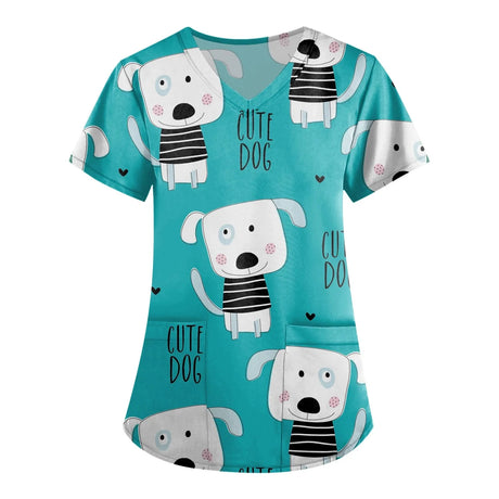 Cute dog print scrubs for women, veterinary nurse uniform, vibrant teal color, playful design, comfortable medical attire.