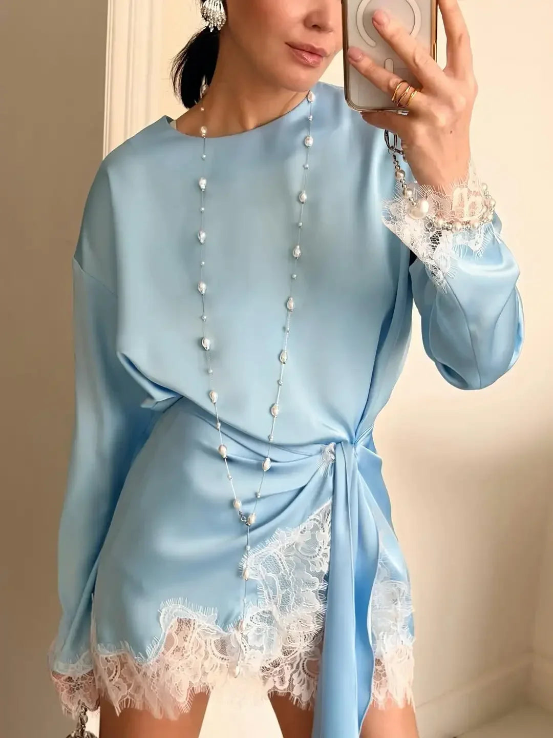 Elegant Satin Lace Midi Dress