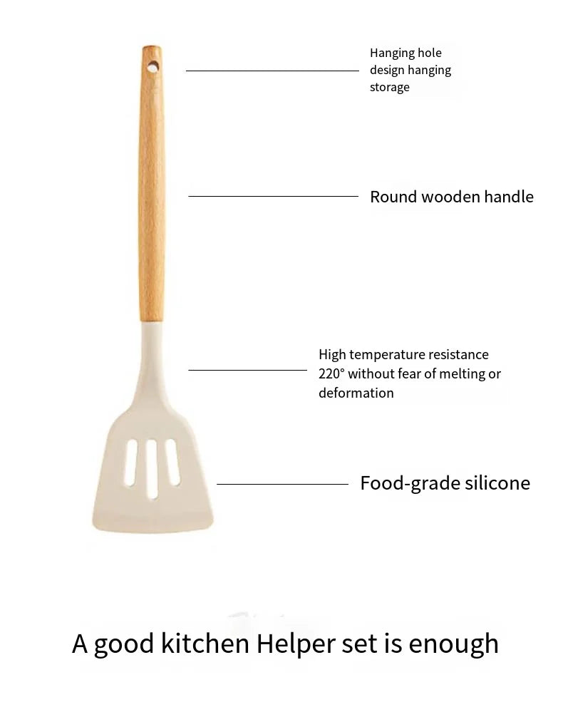 Silicone Cooking Utensil Set with Wooden Handle