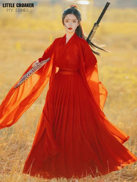 Swordsman Hanfu Costume in wine red, featuring flowing sleeves, styled for a Tang Dynasty look, ideal for cosplay.