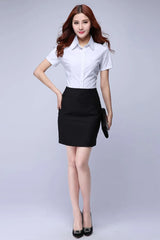 Model wearing a white short sleeve shirt with sleek black skirt, showcasing youthful office style and slim fit.