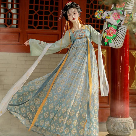 Elegant Tang Suit Hanfu for women, perfect for Halloween cosplay; featuring flowing fabric in a traditional design.