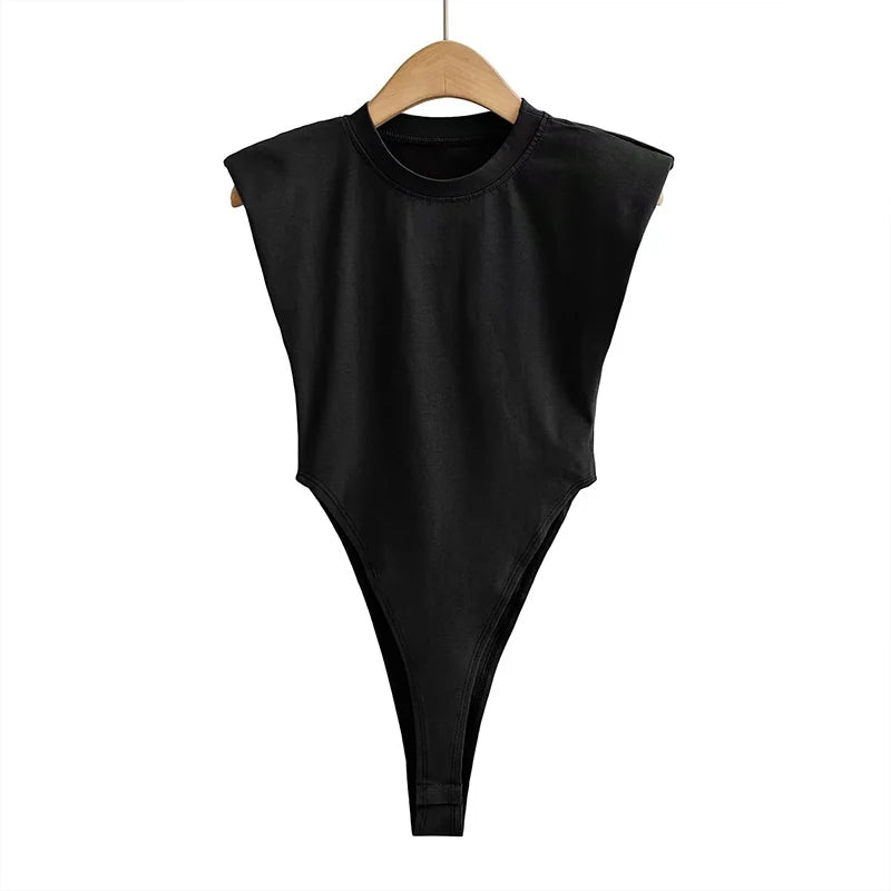 Women's Sleeveless Padded Shoulder Bodysuit – Summer Bodycon One-Piece