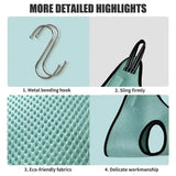 Highlights of TONG Pet Cat Grooming Hammock: metal hook, eco-friendly fabric, durable sling, and meticulous workmanship.