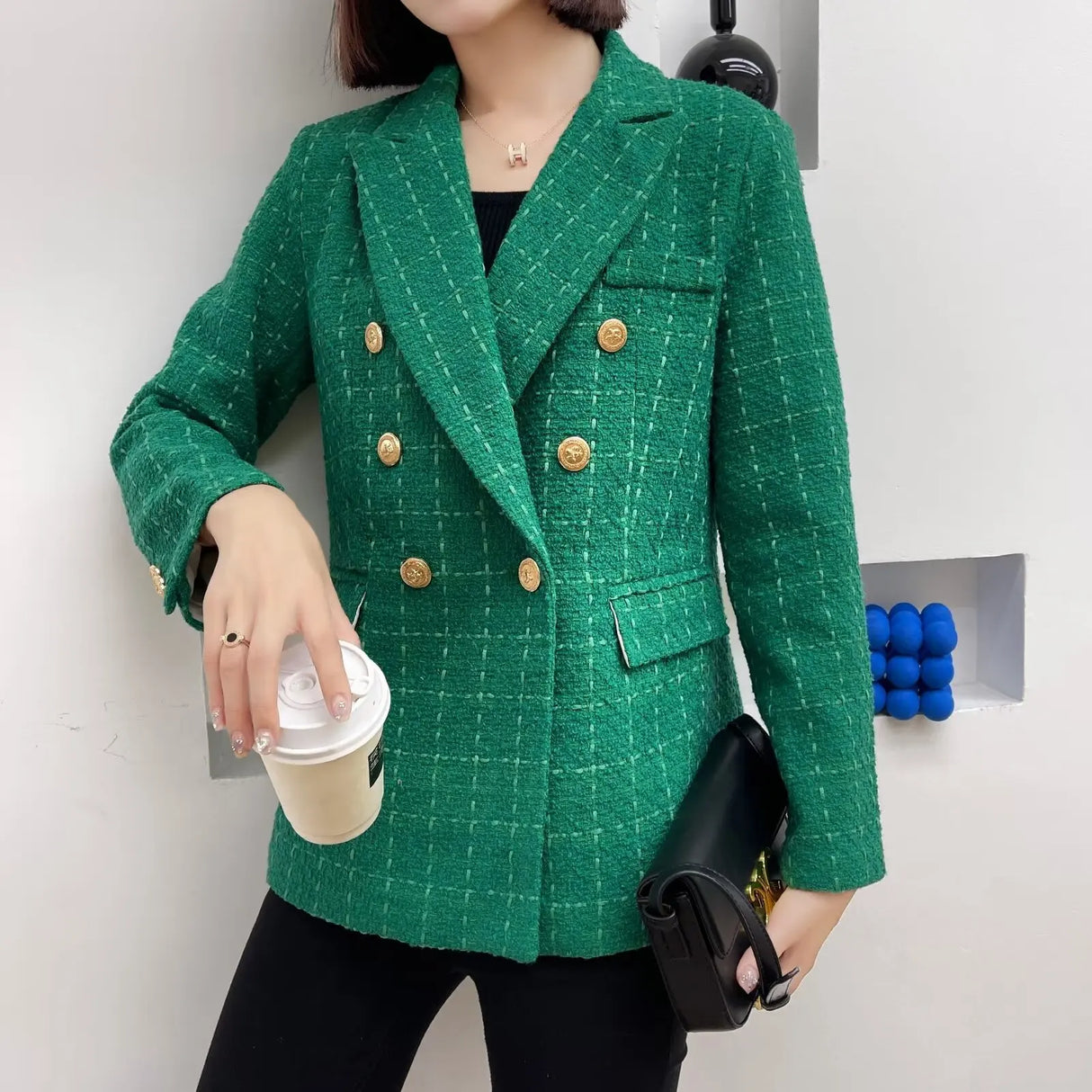 Plaidure™ – Double-Breasted Blazer (Vintage Long Sleeve with Smart Pocket Style)